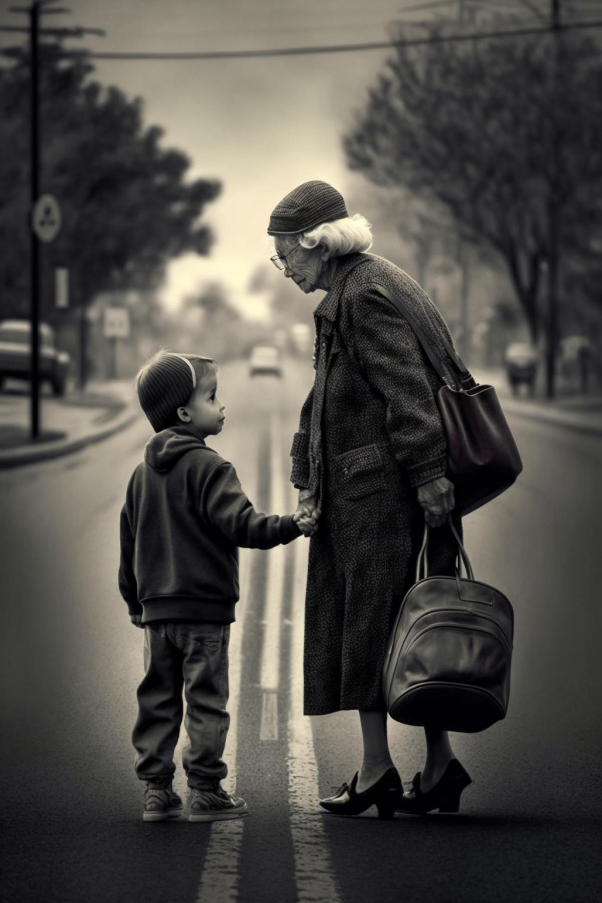 The kid takes his grandmother across the road