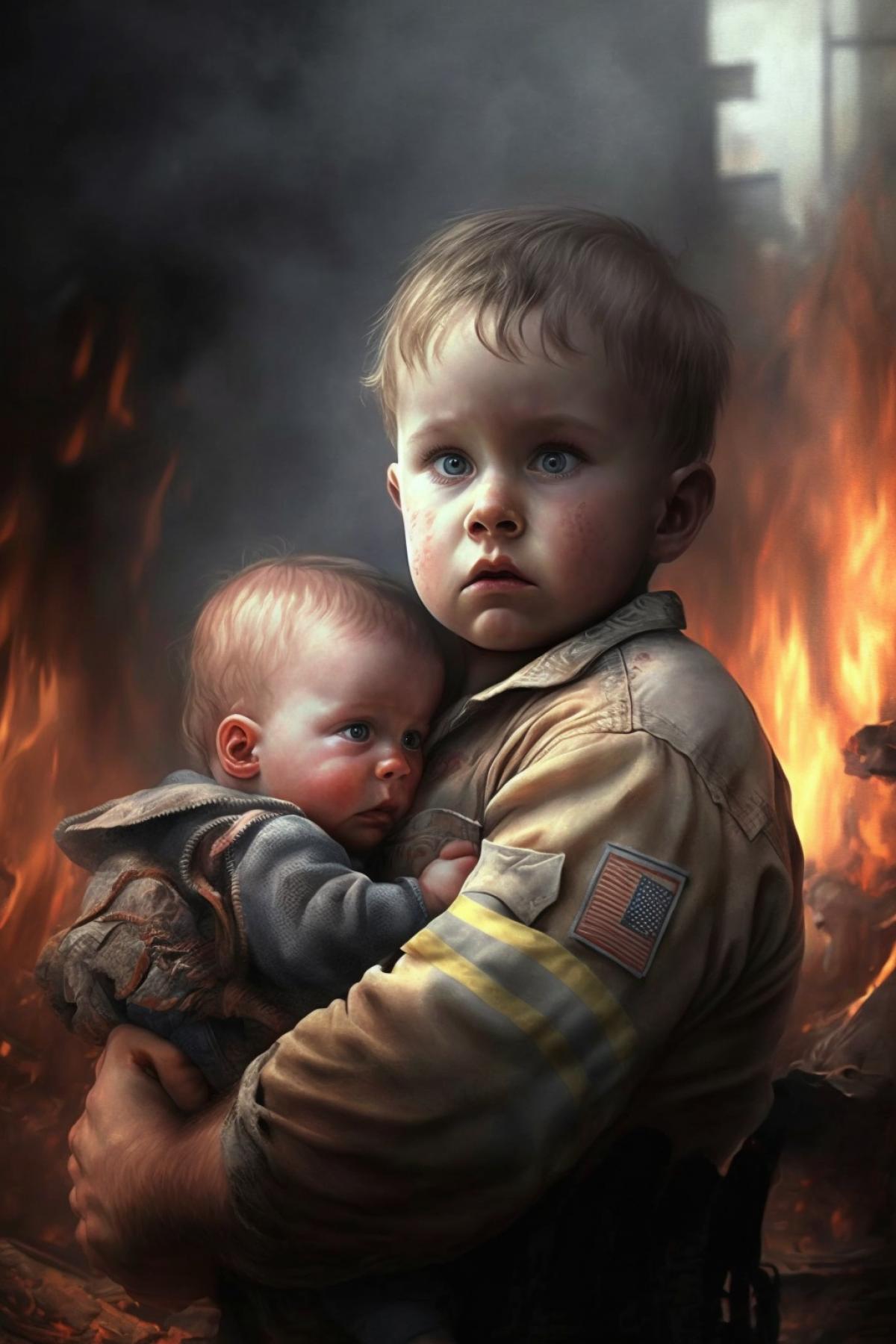 A baby with a baby in his arms is saved from a burning house