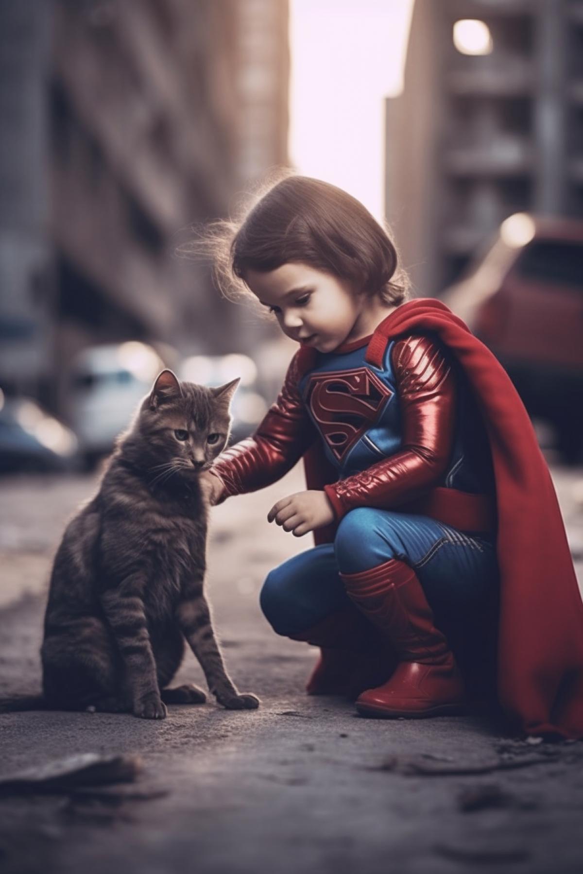 super kitten in a superman costume saves a child from dogs