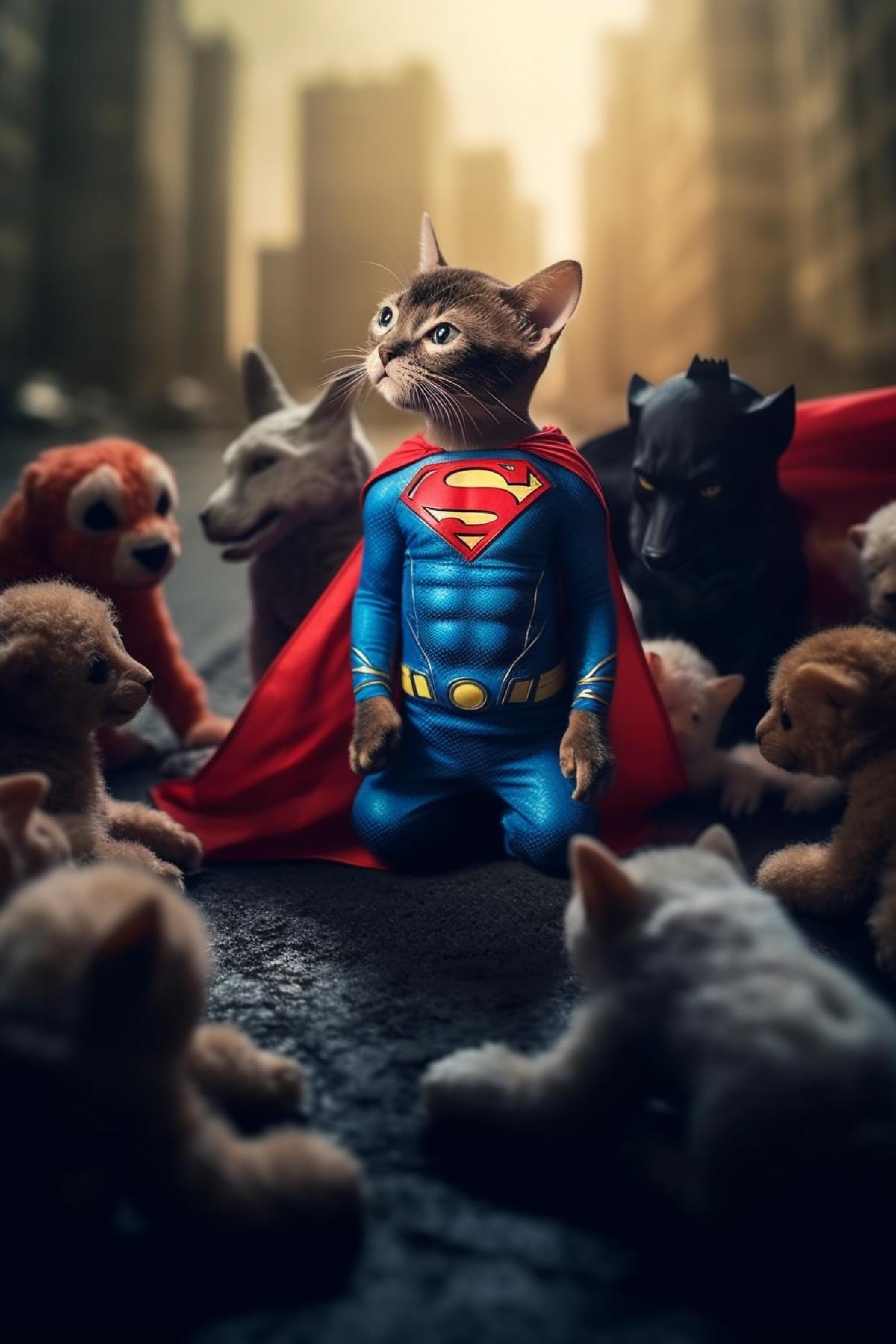 super kitten in a superman costume saves a child from dogs, patchwork style