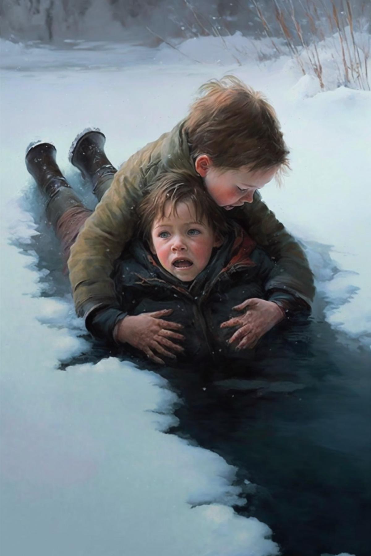 A kid saves another kid who fell through the ice.