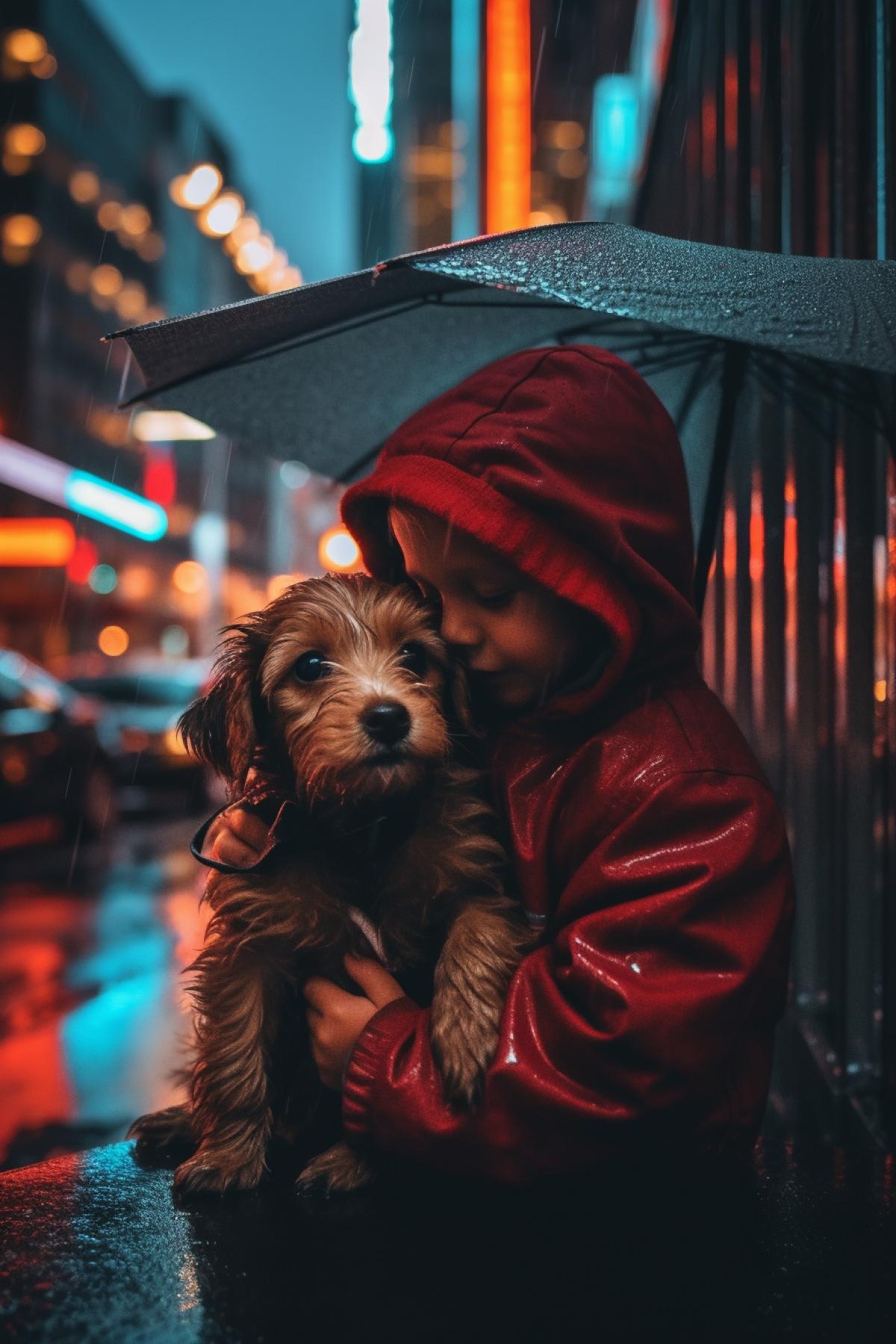 A cinematic shot of a child sheltering a dirty man dirty puppy from the rain in New York at night. on a busy street, surrounded by skyscrapers and billboards, the com4k should be shot on Nikon Z 7II, NIKKOR Z 24-70mm f/2.8 S lens, Resolution 45.7 megapixels, ISO sensitivity: 64, Shutter speed 1/200 second s 1000