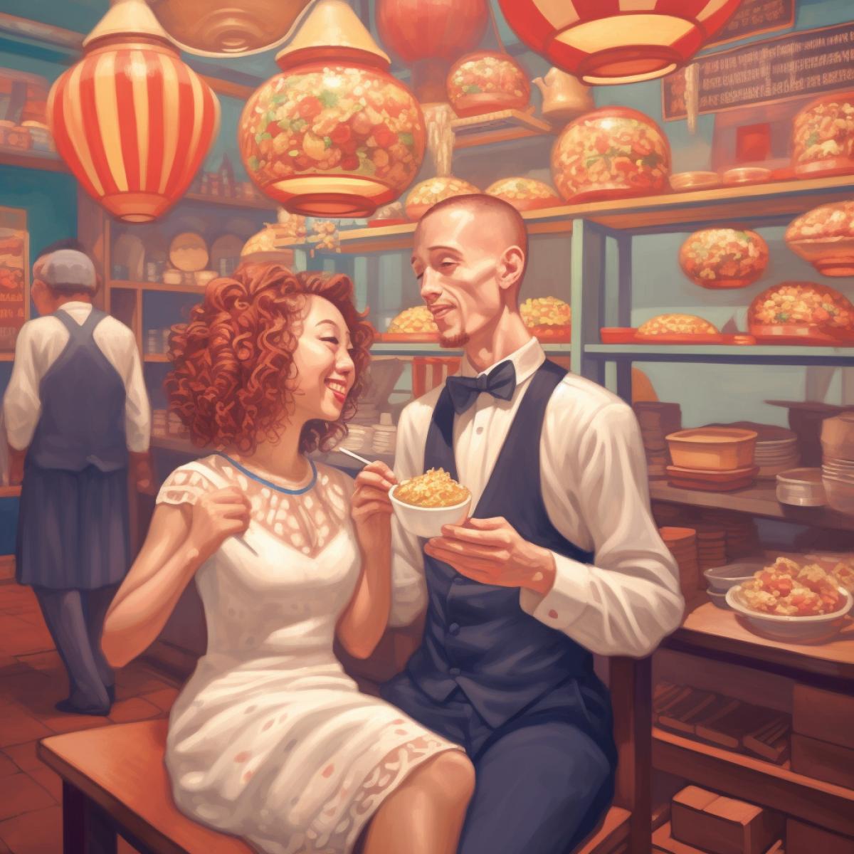 Happy bride and groom eating noodles in a Chinese eatery, Chinese lanterns, crowded conditions