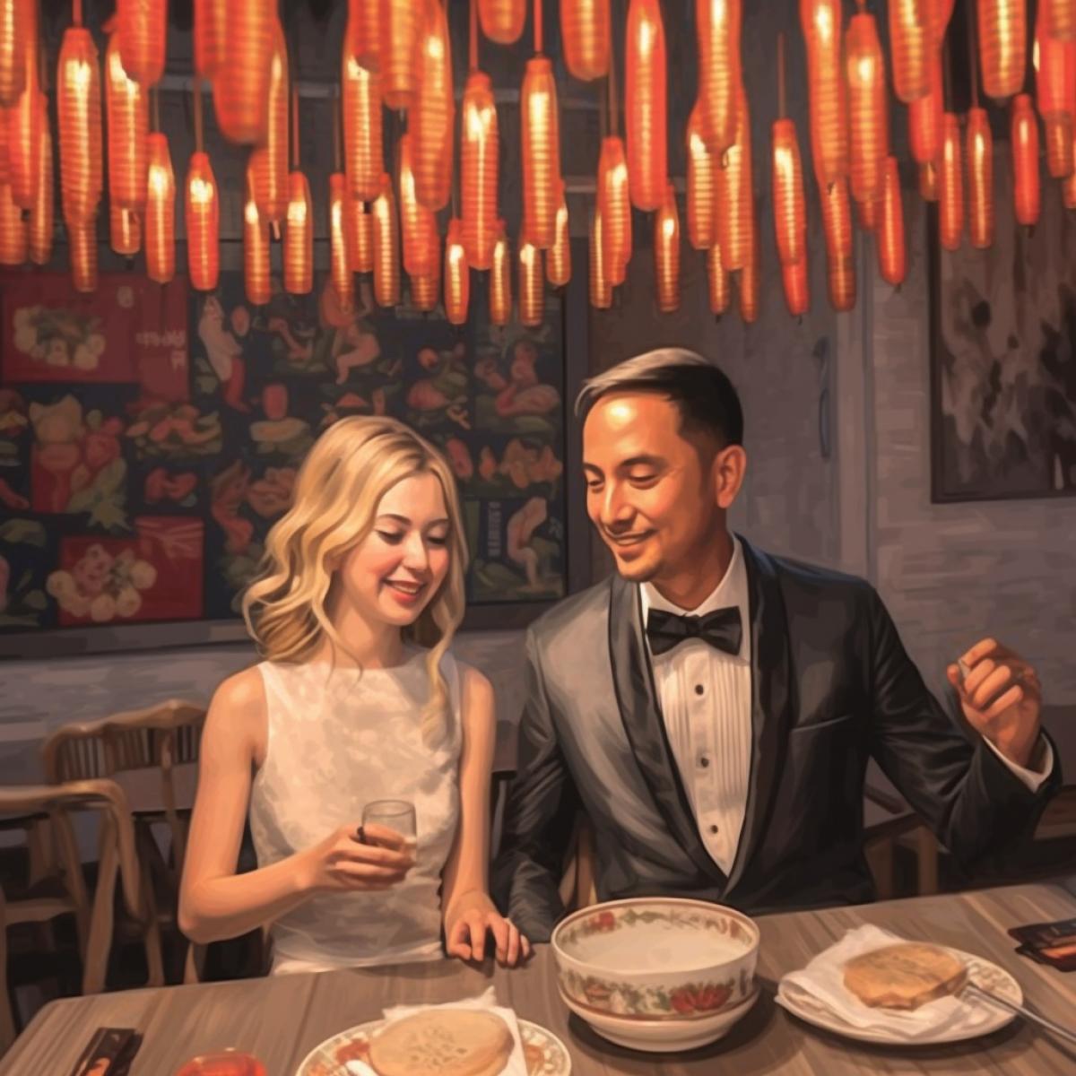 Happy bride and groom eating noodles in a Chinese eatery, Chinese lanterns, crowded conditions
