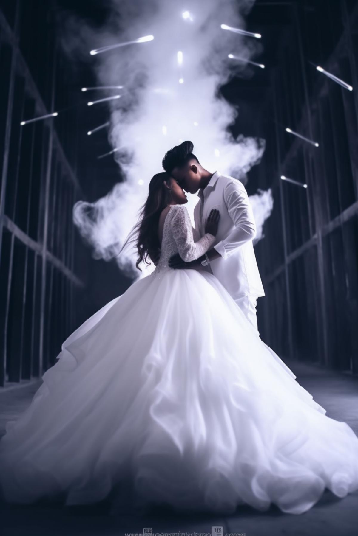 first dance of the bride and groom, white long fluffy dress of the bride, white suit of the groom, dark background, stars, airiness, ephemerality, detailed, photographic, 8k