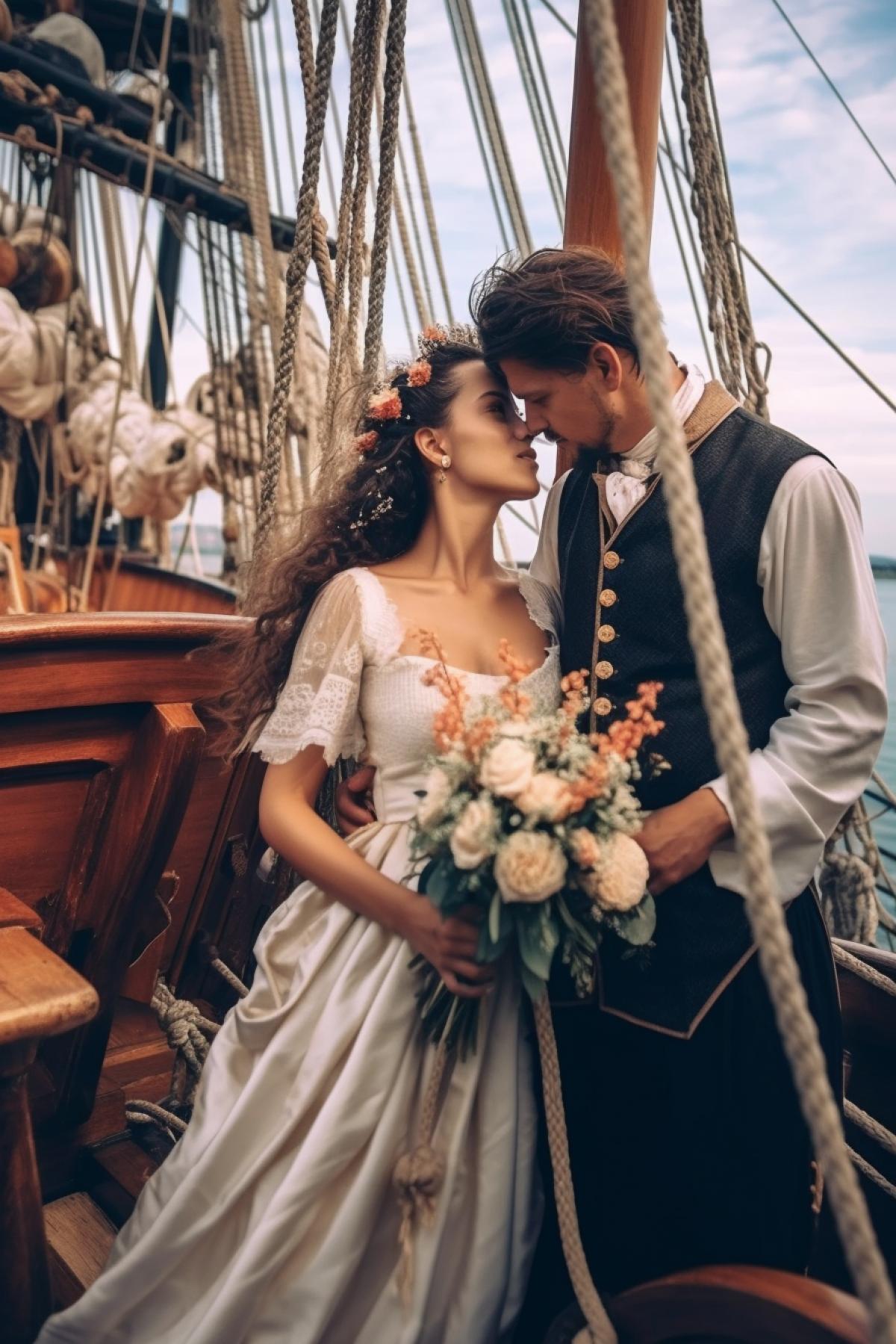 real wedding on a medieval sailing ship on the deck, a happy girl in a wedding dress and a man in a tuxedo with a bouquet of roses, photorealism