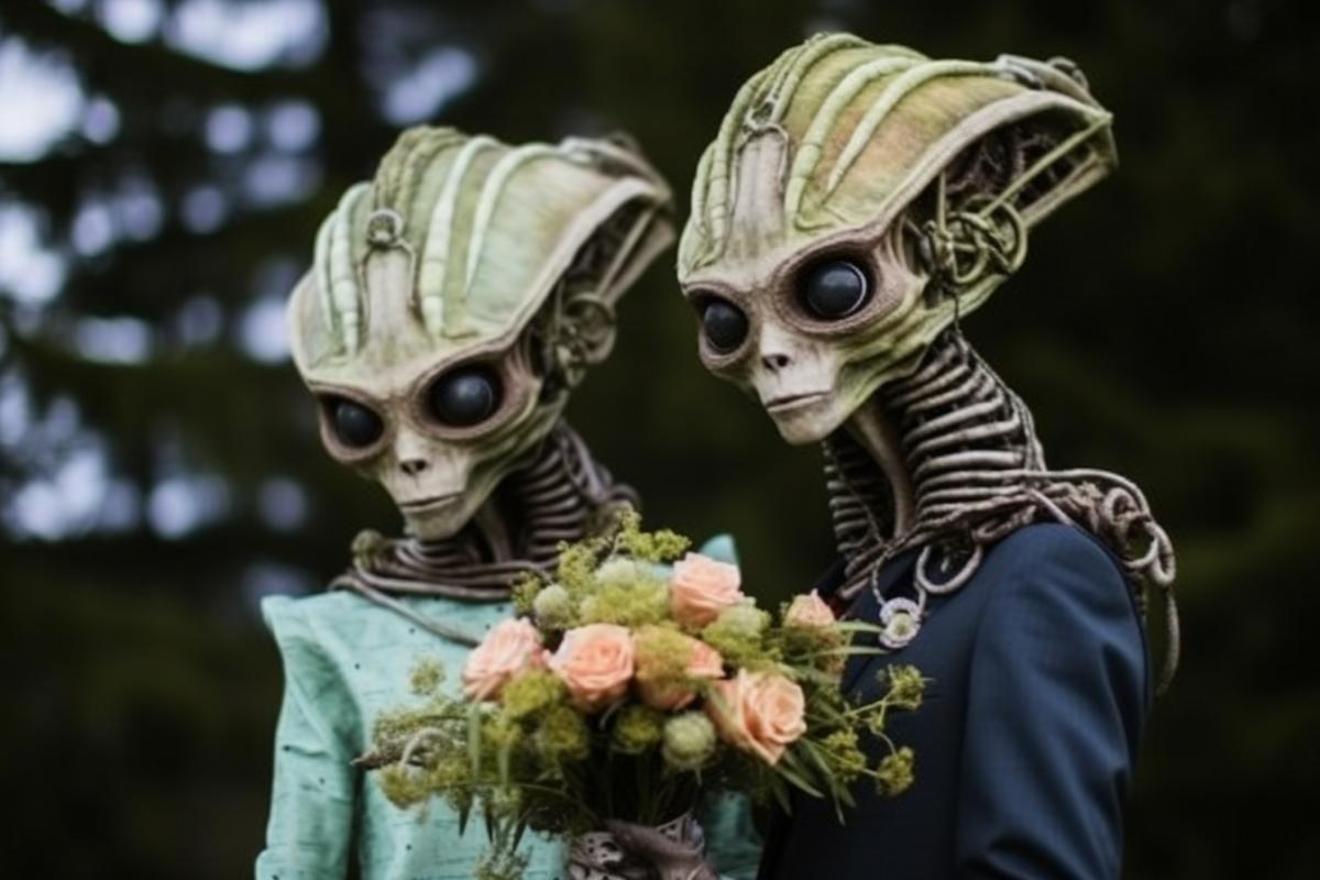 Aliens bride and groom flowers