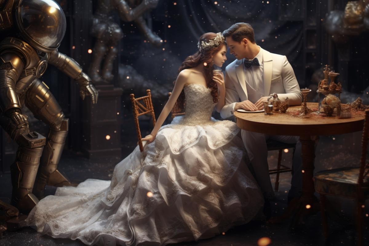 Patchwork style wedding on the moon. Beautiful bride and groom in space.
