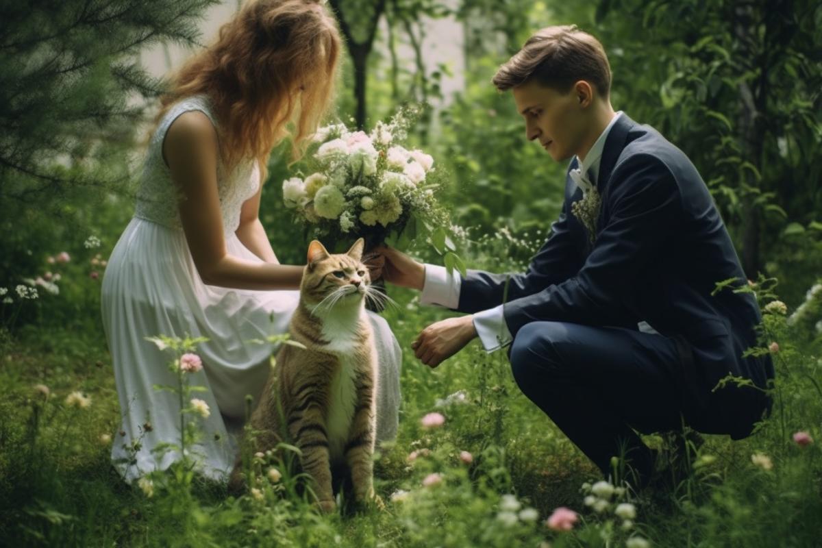 Cat groom in a suit gives flowers to cat bride in a white dress wedding