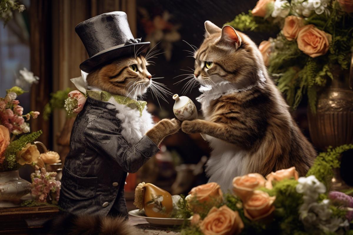 Wedding of a cat and a cat, the cat gives flowers to the cat