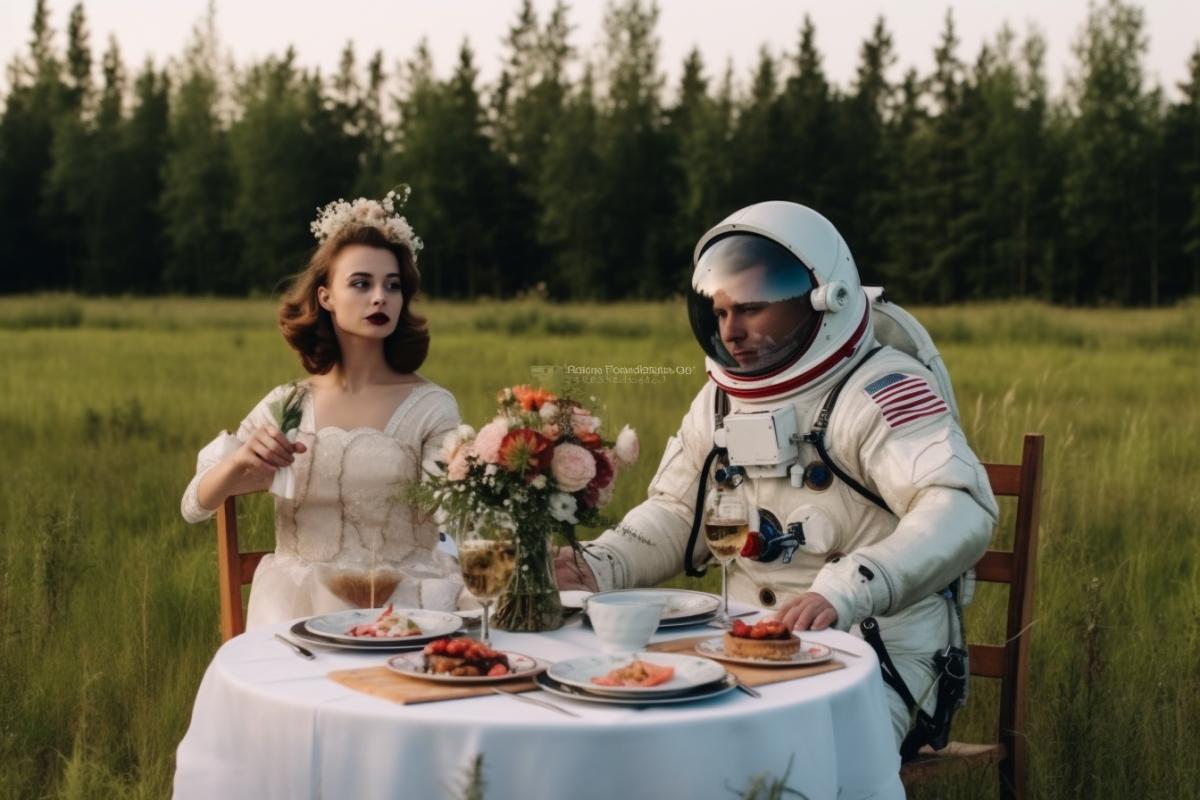 A wedding in distant shimmering space. Astronaut bride and astronaut groom. Few cosmonaut guests. Celebration in space!