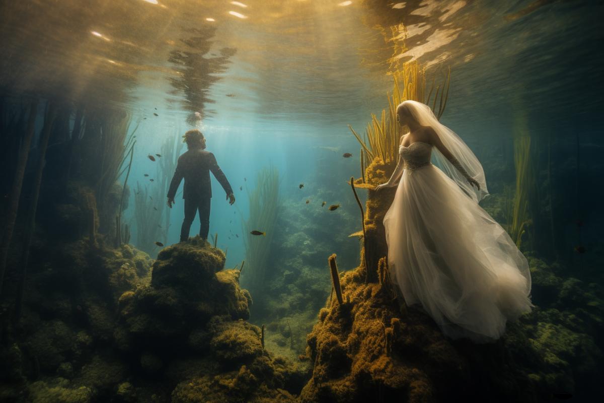 Wedding underwater, mysterious underwater world, bride and groom with scuba gear