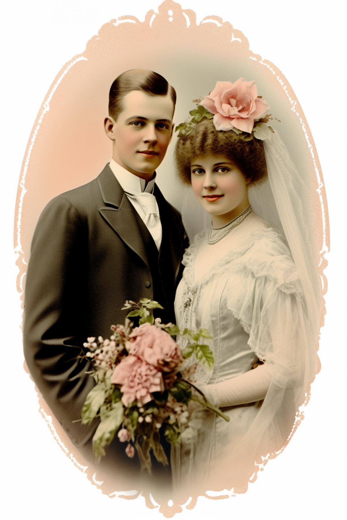 a beautiful vintage Wedding postcard, lightly distressed, isolated on solid white background s 800
