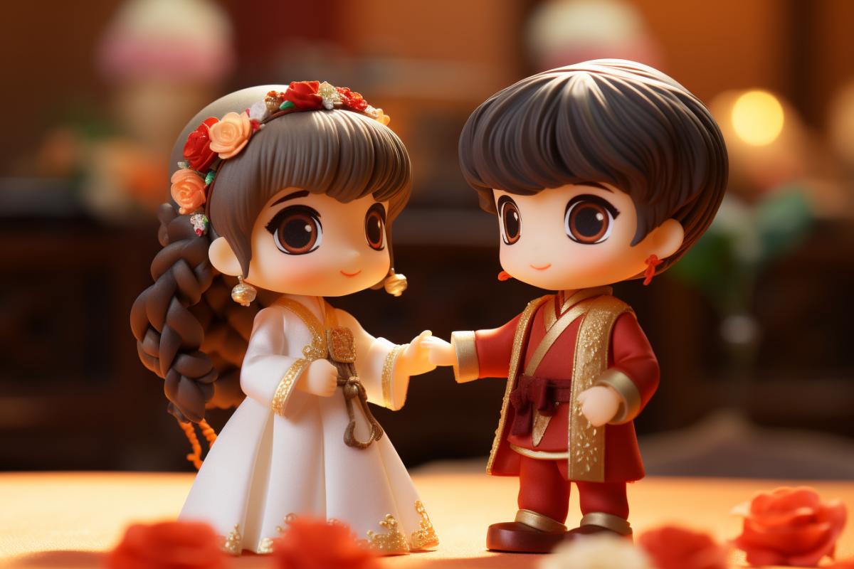 Little boy holding little girls hand, Chinese wedding, wearing Tang costume, blind box IP, 3d, chinoiserie color elements, clay doll, hyper detail, 8k, hd