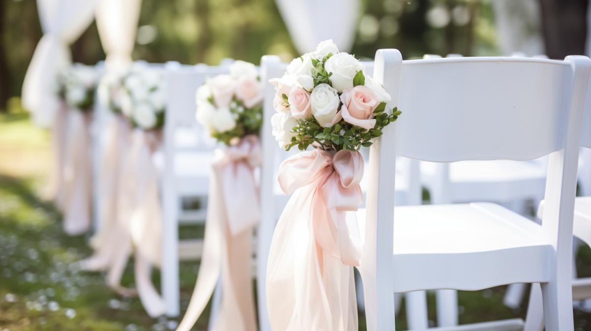 A bright photo of white wooden chairs decorated with flowers and bright satin ribbons, wedding decor at the ceremony. Clean sharp focus, Canon EOS 5D Mark IV + Canon EF 35mm F1. 4L lens and showcasing the natural colors and health benefits of the ingredients.