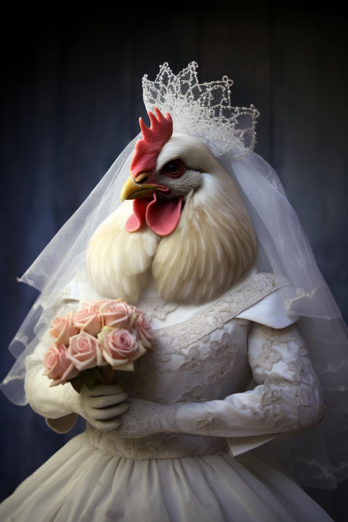 an anthropomorphic Chicken dressed in a wedding dress, fantasy