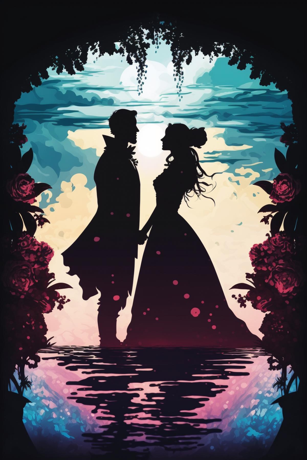 Silhouette of two people bride and groom holding hands on the ocean, unreal engine, Monet, hd, rule of thirds, symmetrical, palette, colorful