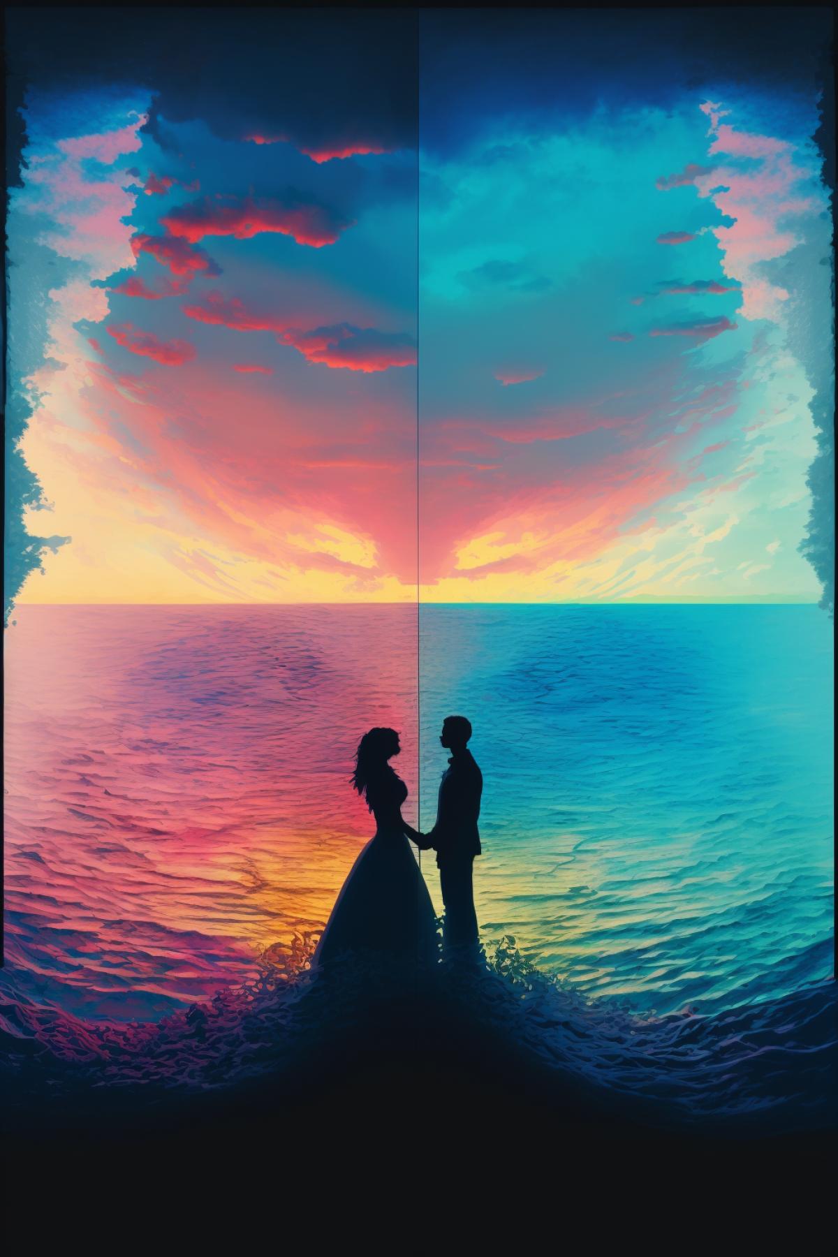 Silhouette of two people bride and groom holding hands on the ocean, unreal engine, Monet, hd, rule of thirds, symmetrical, palette, colorful
