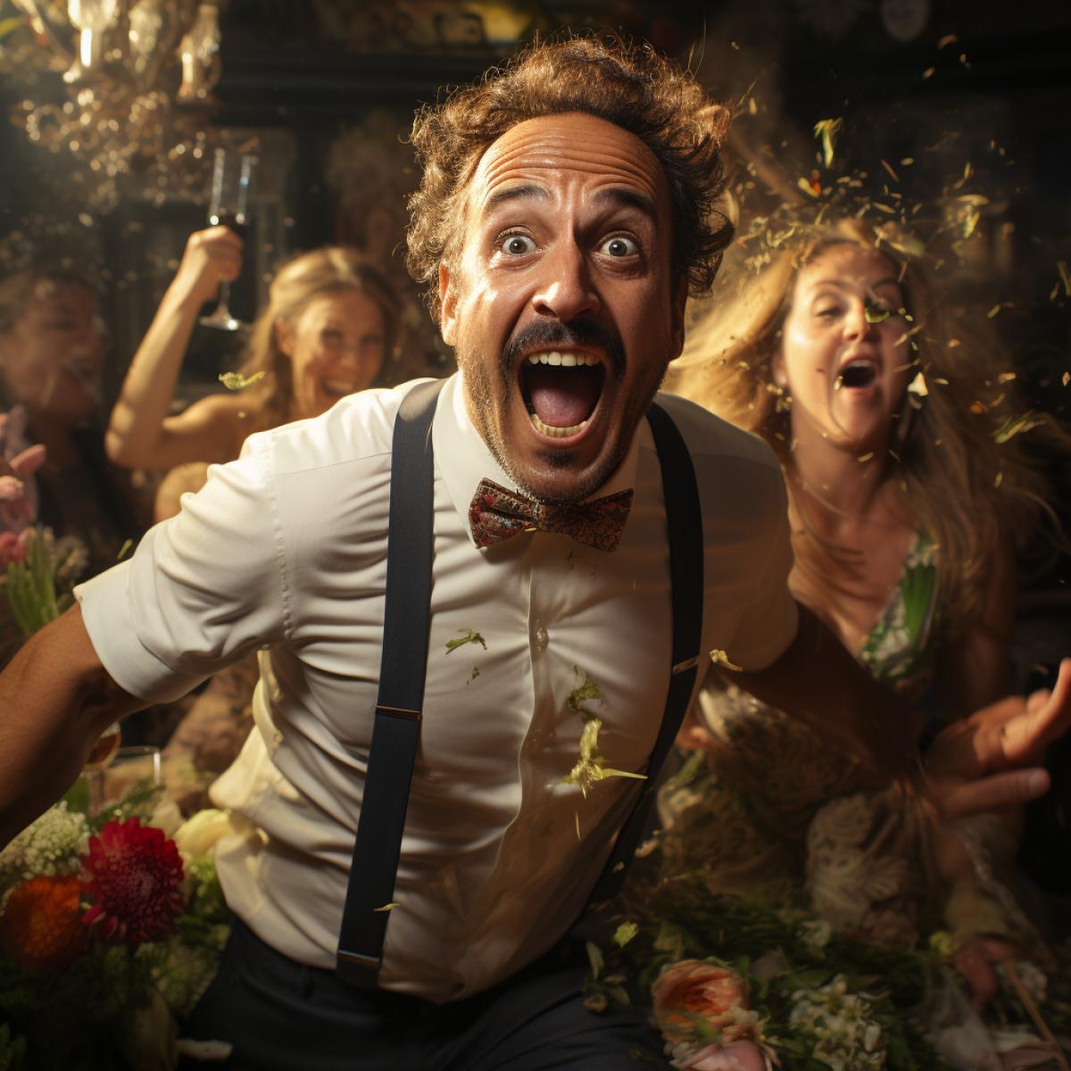 Wedding, dad is drunk, mom is crying, girls are jumping on a bouquet