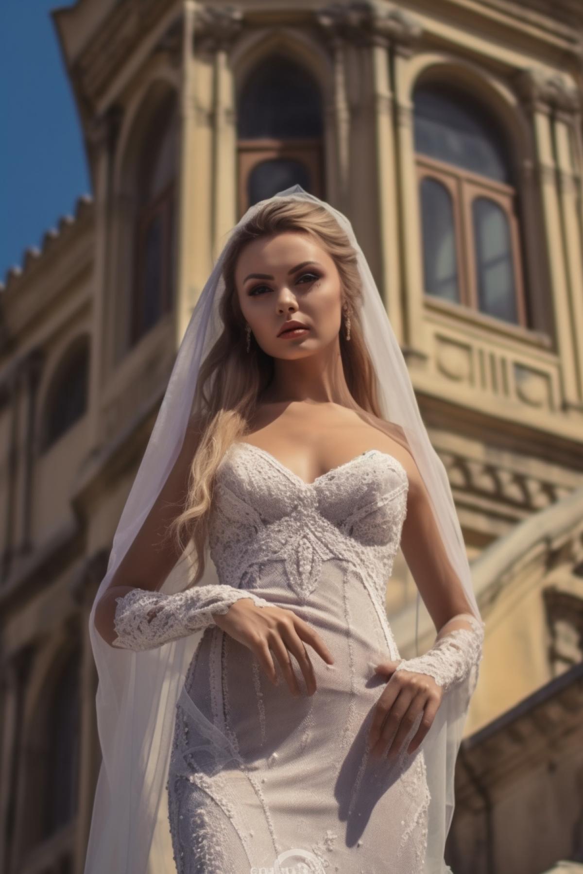 Stunning girl in lace thin wedding dress with lurex, airy veil, old castle background, full body, hips, aesthetics, 4k setting, cinematic lighting, by Boris Vallejo