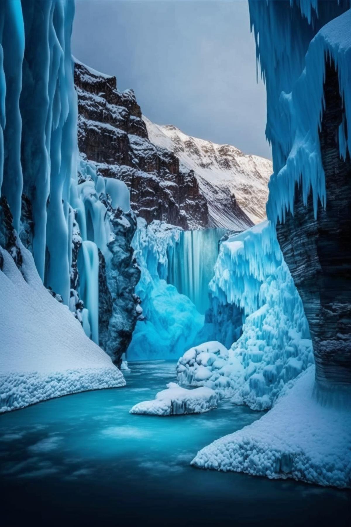 the frozen waterfall at the end of the canyon is majestic and the photographer captures the beautiful scenery beautifully with excellent angles and technique | Digital camera | Evening | Blue contrast, negative | glacial period