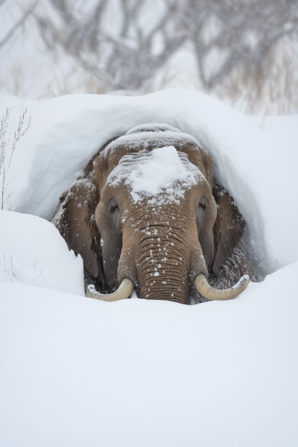 a mammoth is hiding from a heavy snowfall. Shot on Leica M10 s 200 c 100 style raw