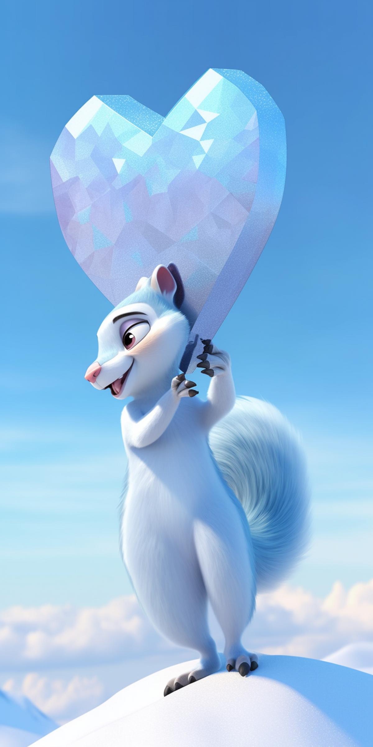 saber-toothed rat squirrel Scrat from the animated film Ice Age hugs a diamond acorn, Blue Sky Studios style, highly detailed computer animation, high resolution, depth of field, snowflake background