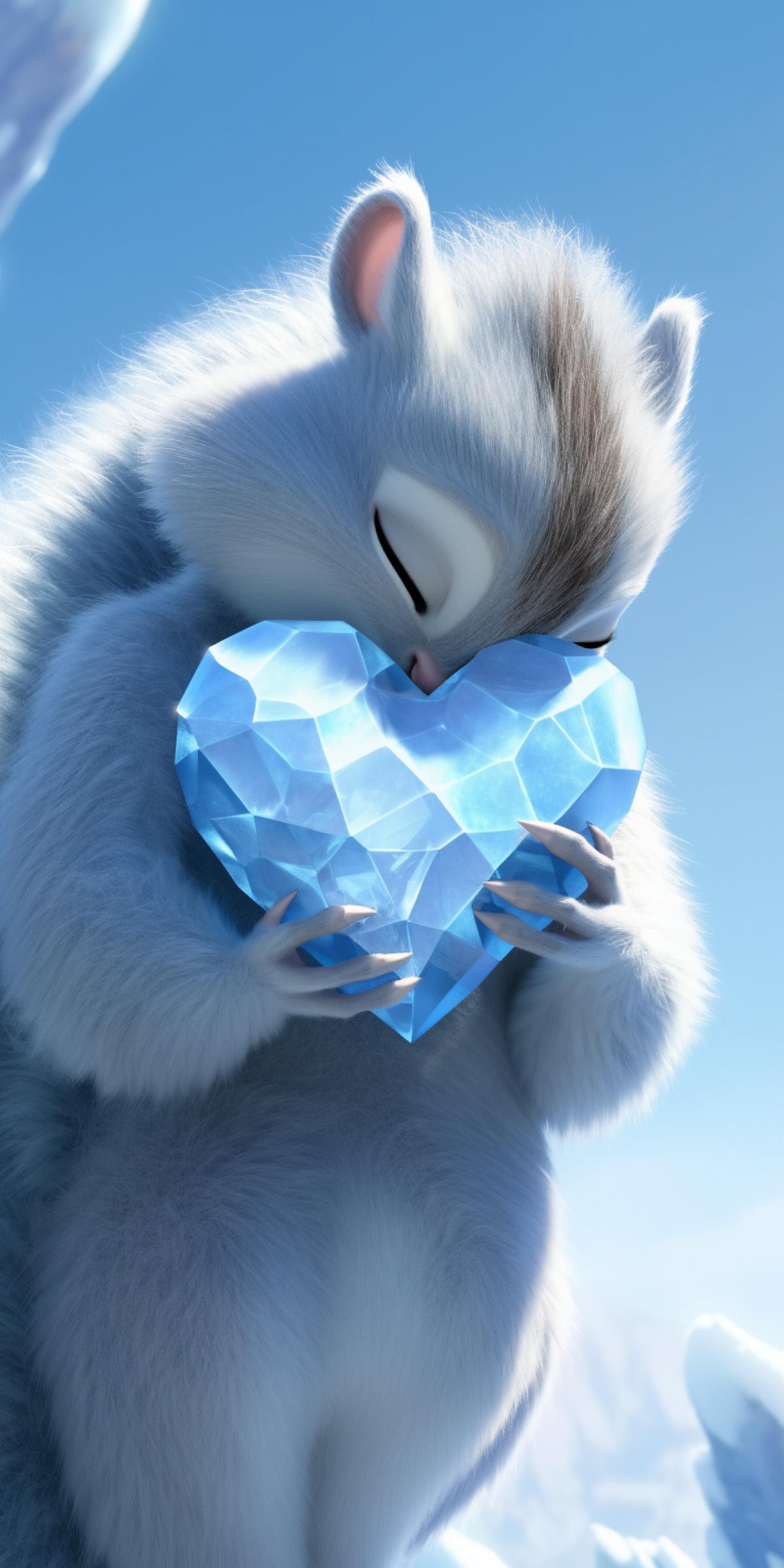 saber-toothed rat squirrel Scrat from the animated film Ice Age hugs a diamond acorn, Blue Sky Studios style, highly detailed computer animation, high resolution, depth of field, snowflake background