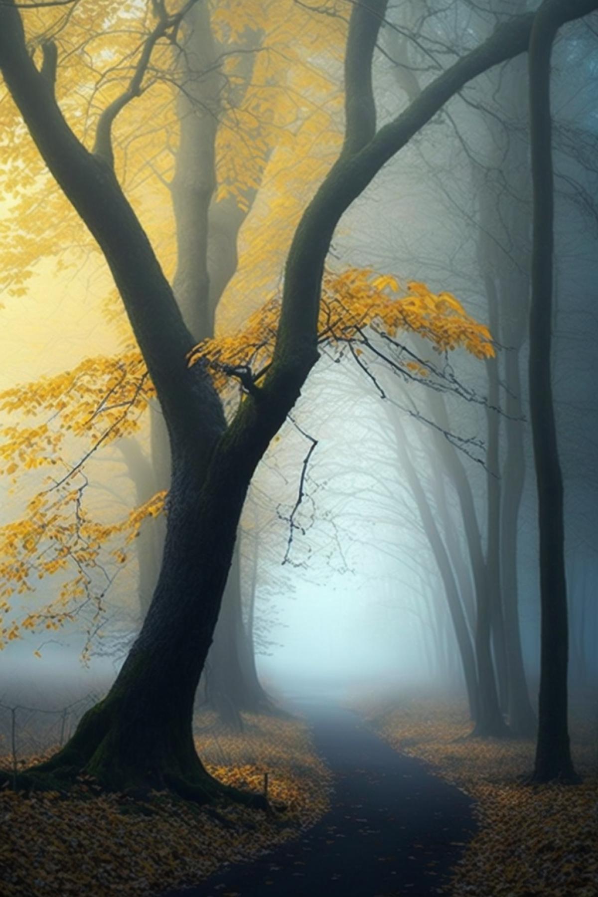 Autumn forest in fog, mysterious.
