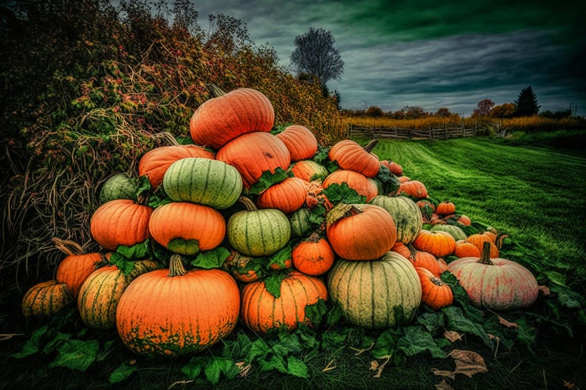 pile of pumpkins on a lush green field, autumn garden, backyard, ❤🔥🍄🌪