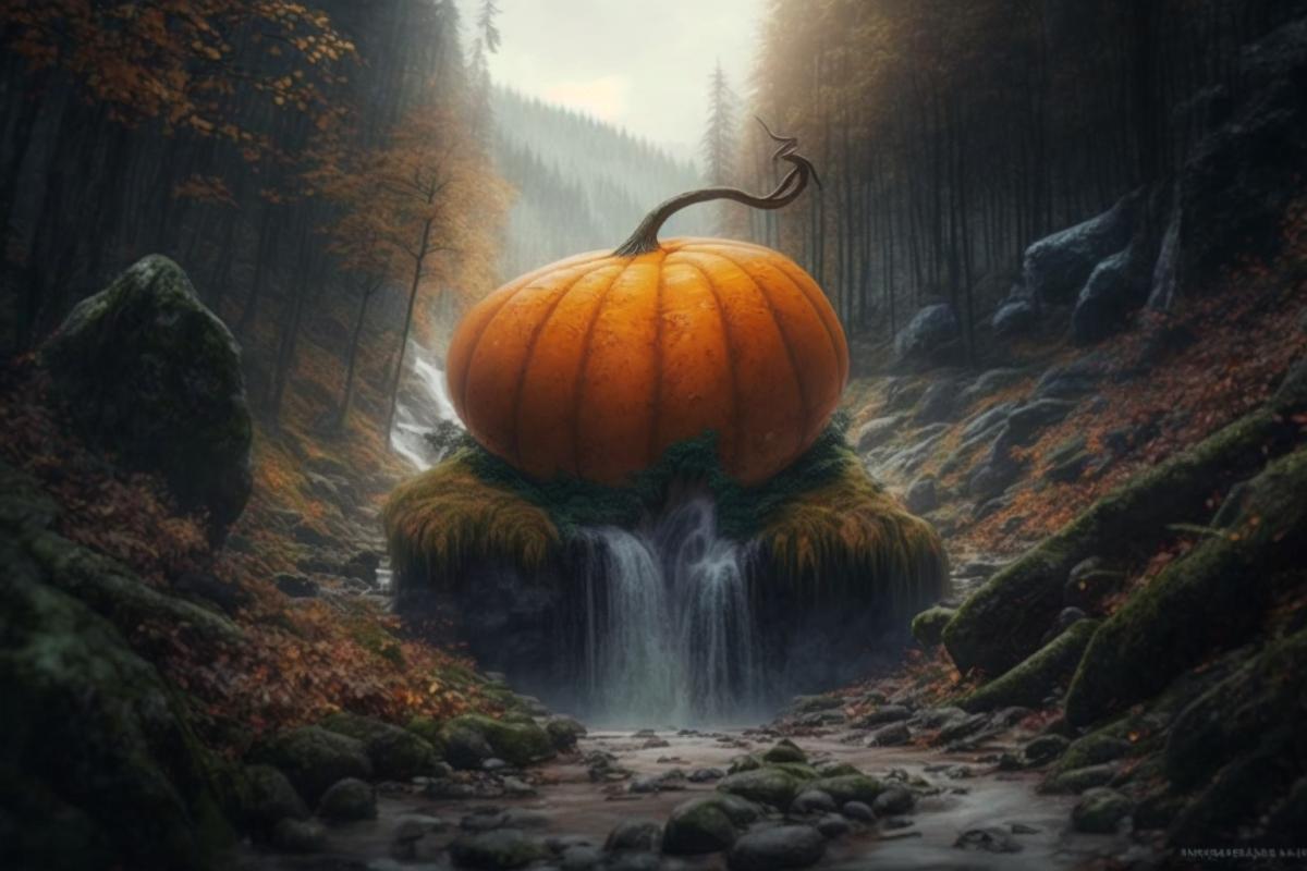 A huge bright orange pumpkin in the autumn forest, in the fog near the waterfall where the witch lives