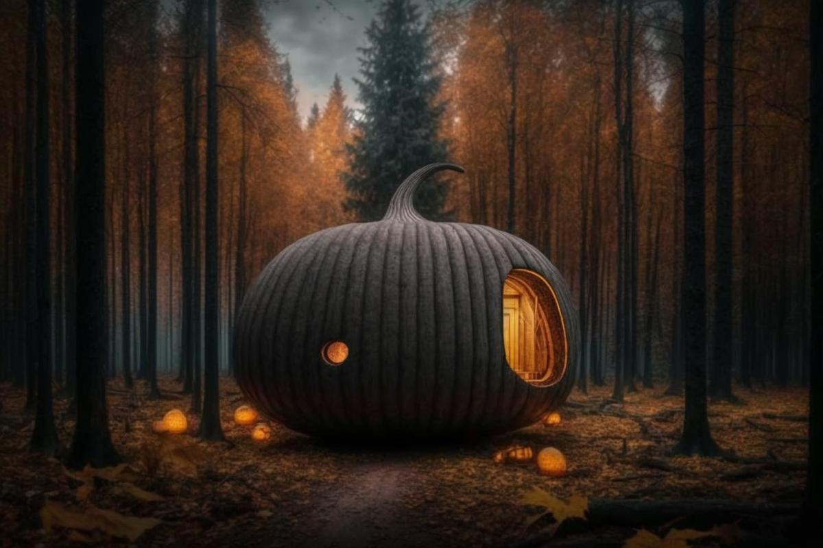 A cozy hut in a dense autumn forest, mysterious. Pumpkin.