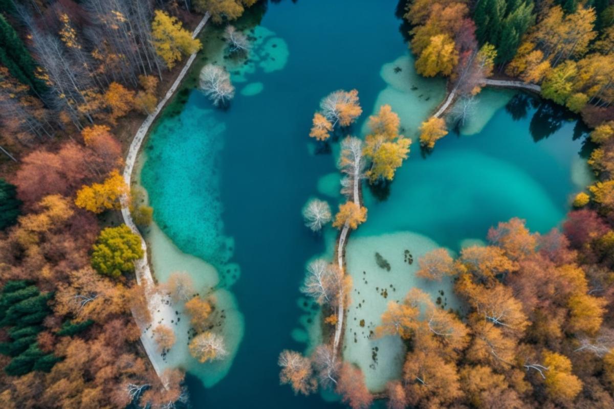 Autumn on the Plitvice Lakes, autumn trees, green water, view from an airplane.