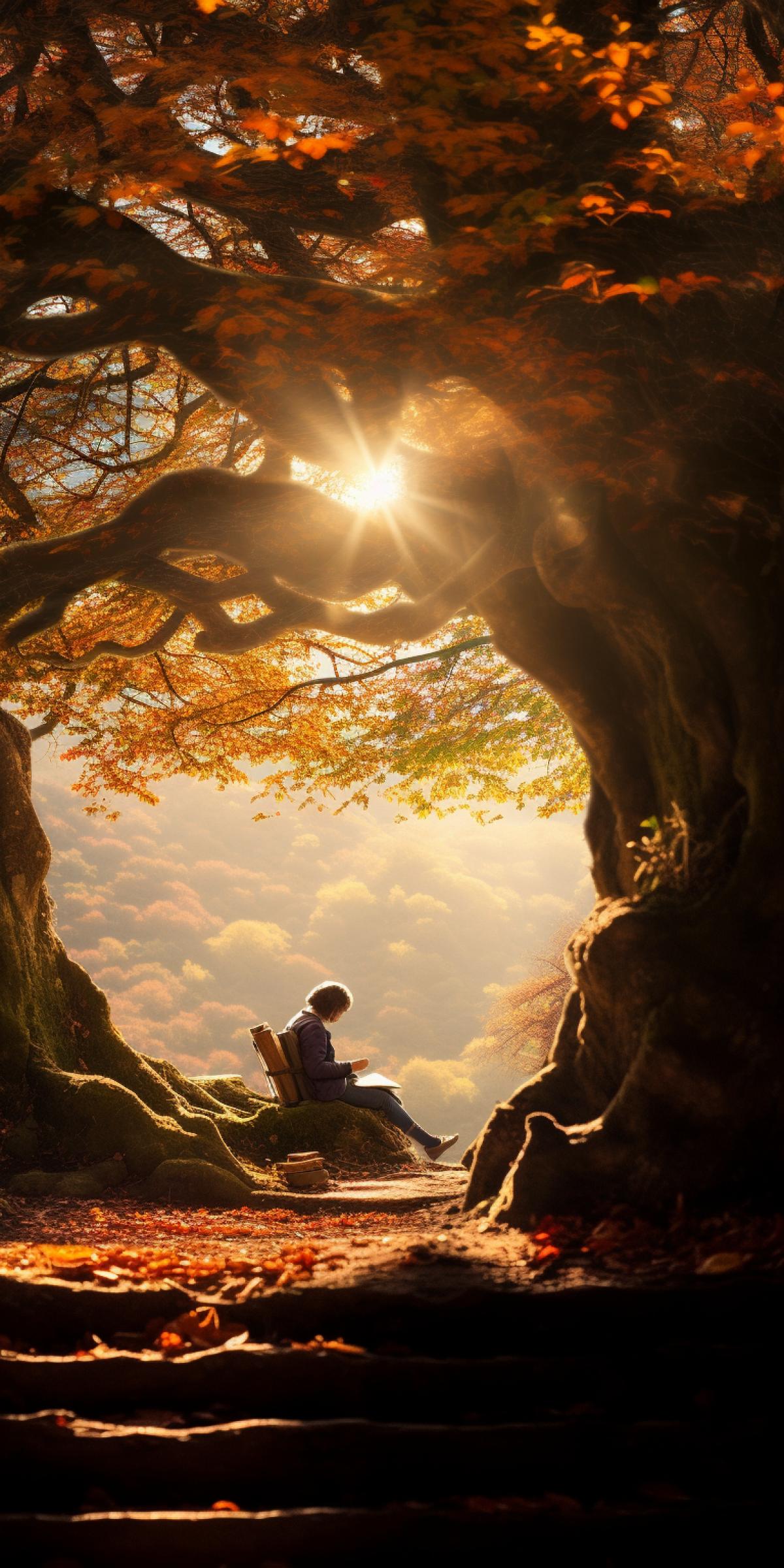 Tolkiens hobbit sits with a book under a huge autumn oak tree, bright rays break through the crown of the tree, clear photo, contrast, depth of field, full HD, grainy film, warm photo filter