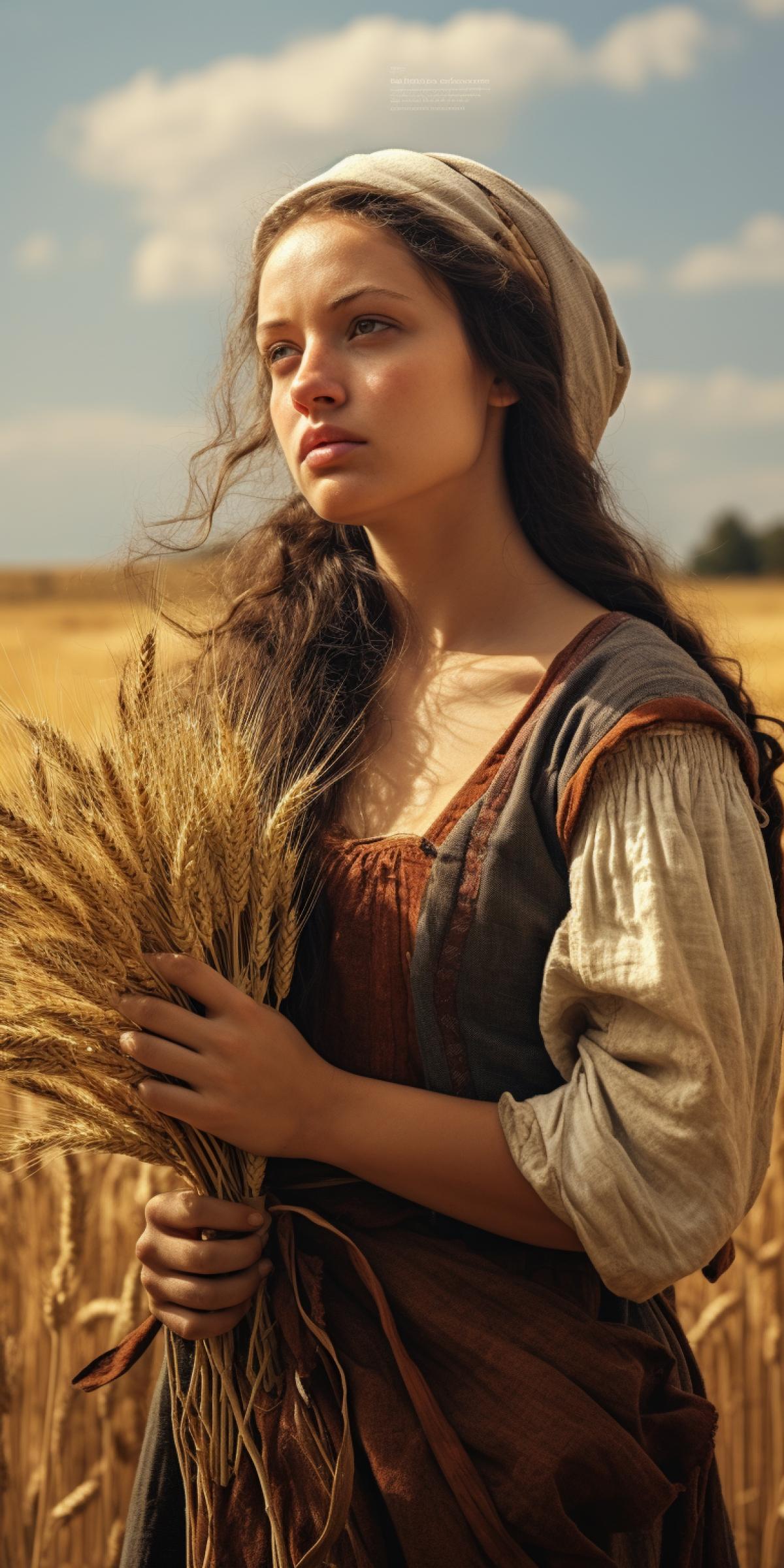A young peasant girl from the Middle Ages holds an armful of wheat in her hands, autumn harvest, warm sunlight, grainy photo filter, high resolution, far away against the background of an autumn landscape