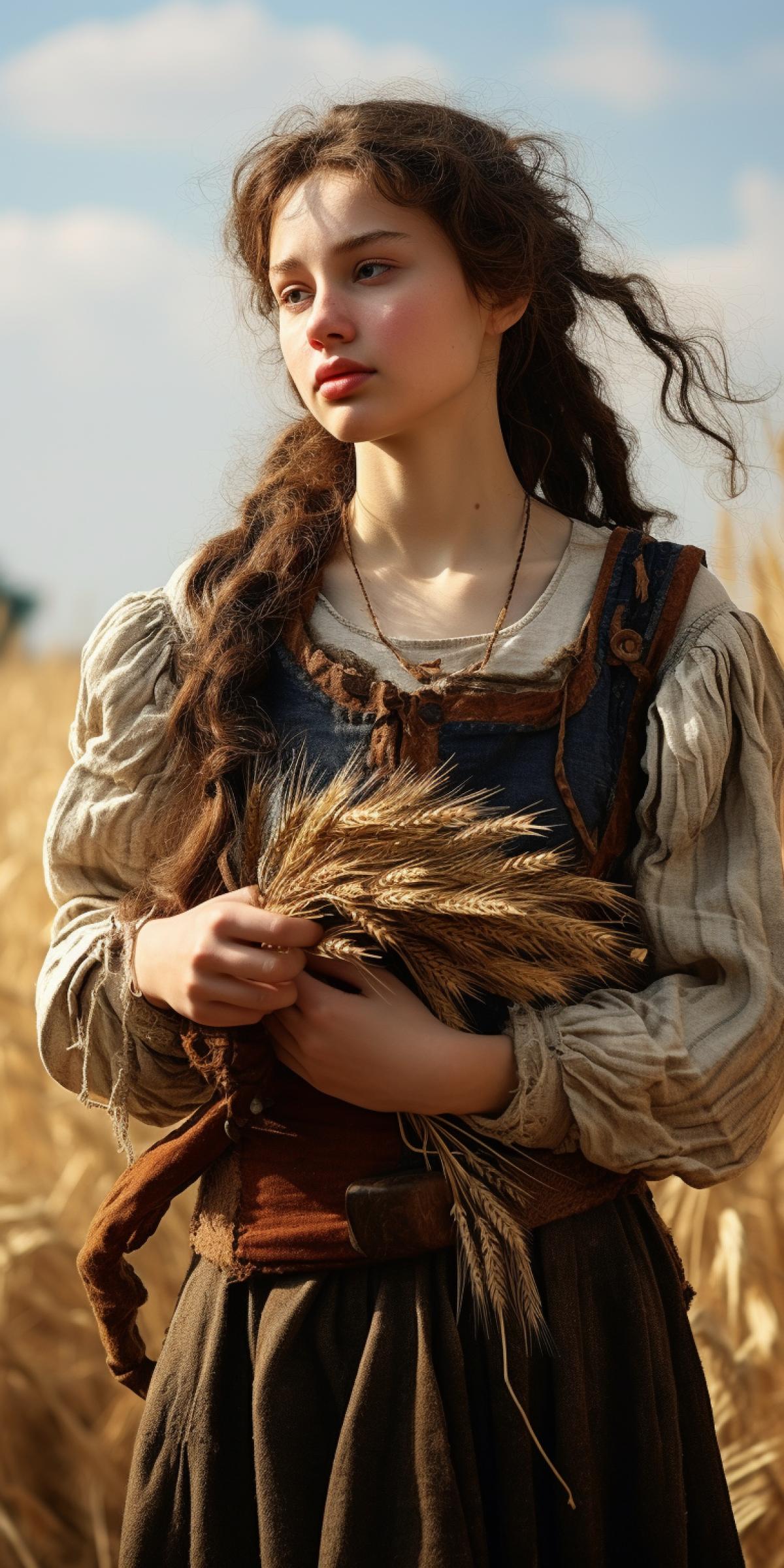 A young peasant girl from the Middle Ages holds an armful of wheat in her hands, autumn harvest, warm sunlight, grainy photo filter, high resolution, far away against the background of an autumn landscape