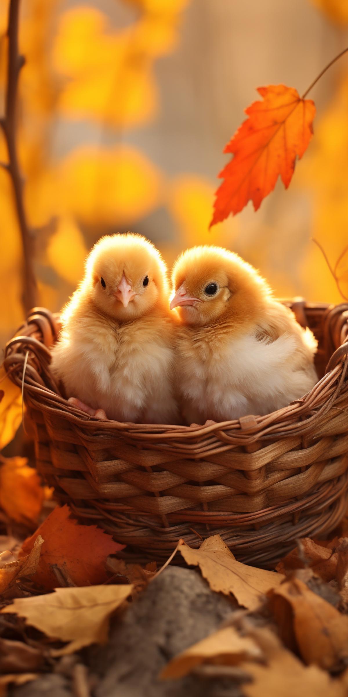 Chickens in a basket with autumn leaves, photo outdoors