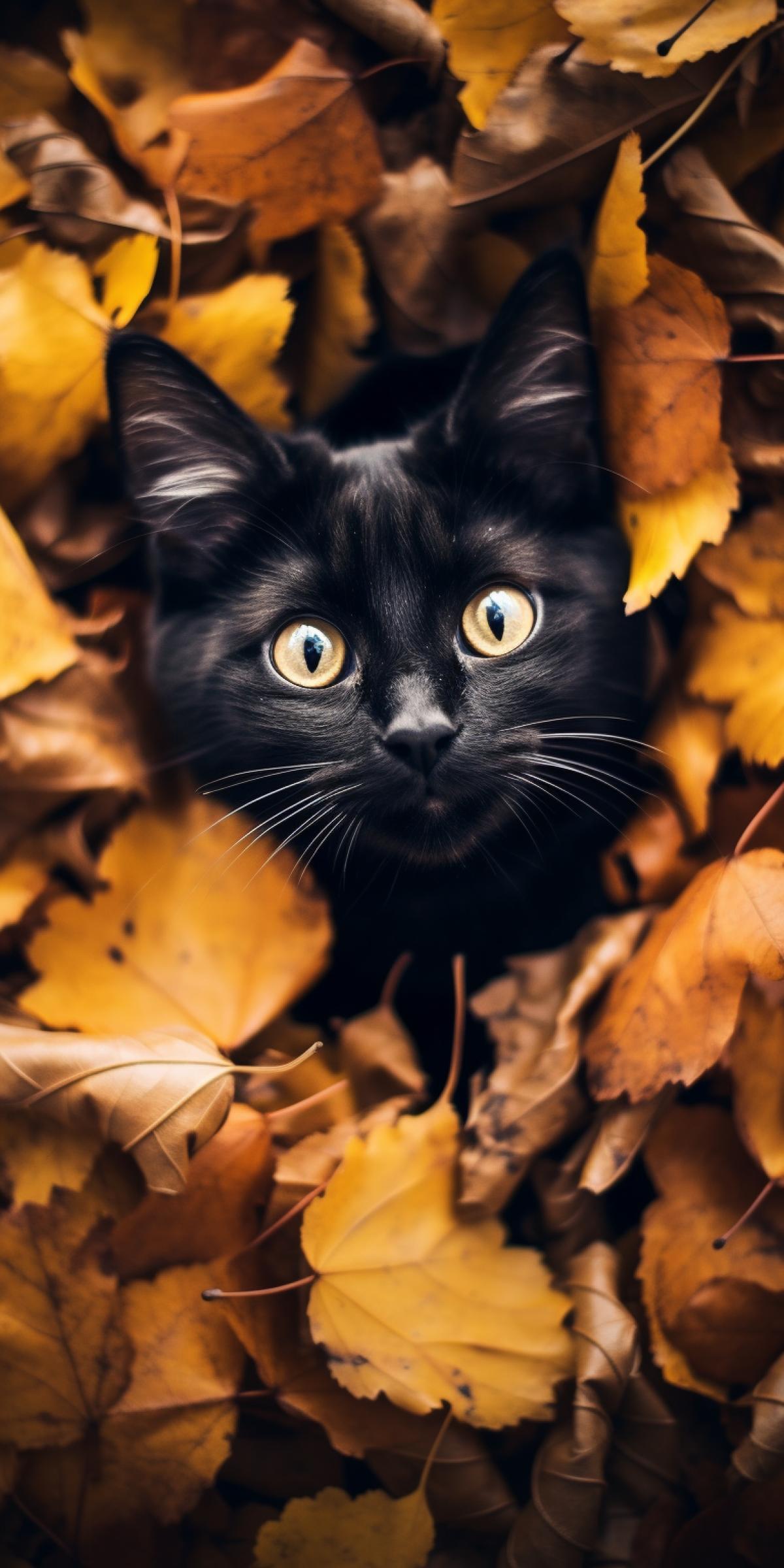 Playful dark cat lies on its back in a pile of autumn leaves, top view, photo in nature