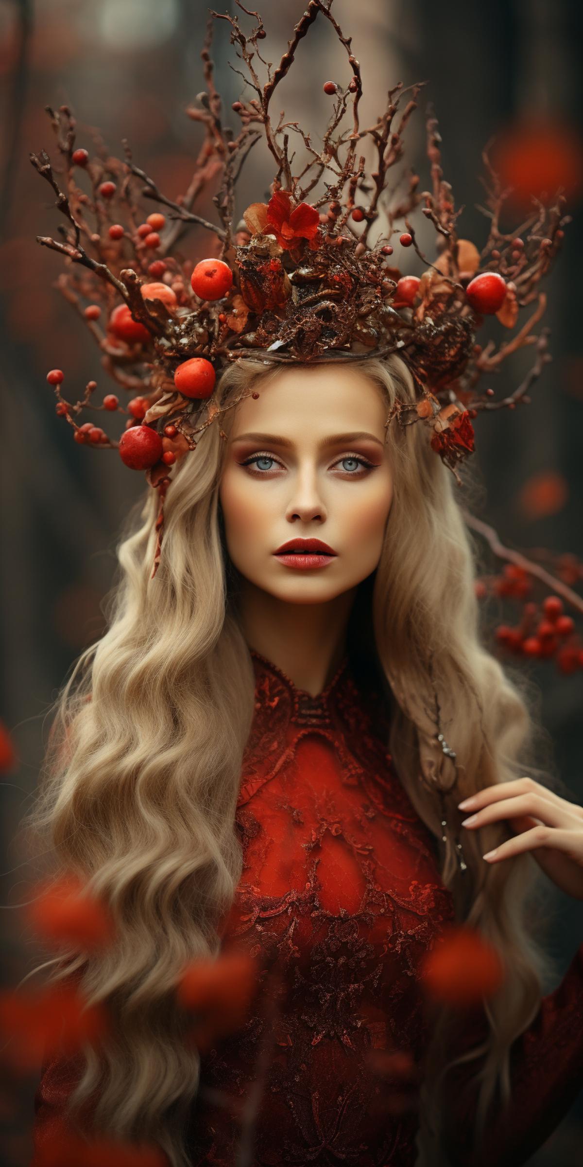 Queen of autumn in a crown of dry twigs with berries, in a small dress, thin waist, warm look, spiritual look, a lot of jewelry made from natural materials, full-length, ultra HD, 8k, maximum detail, shooting outdoors, colors, depth of field, background serving red leaves,