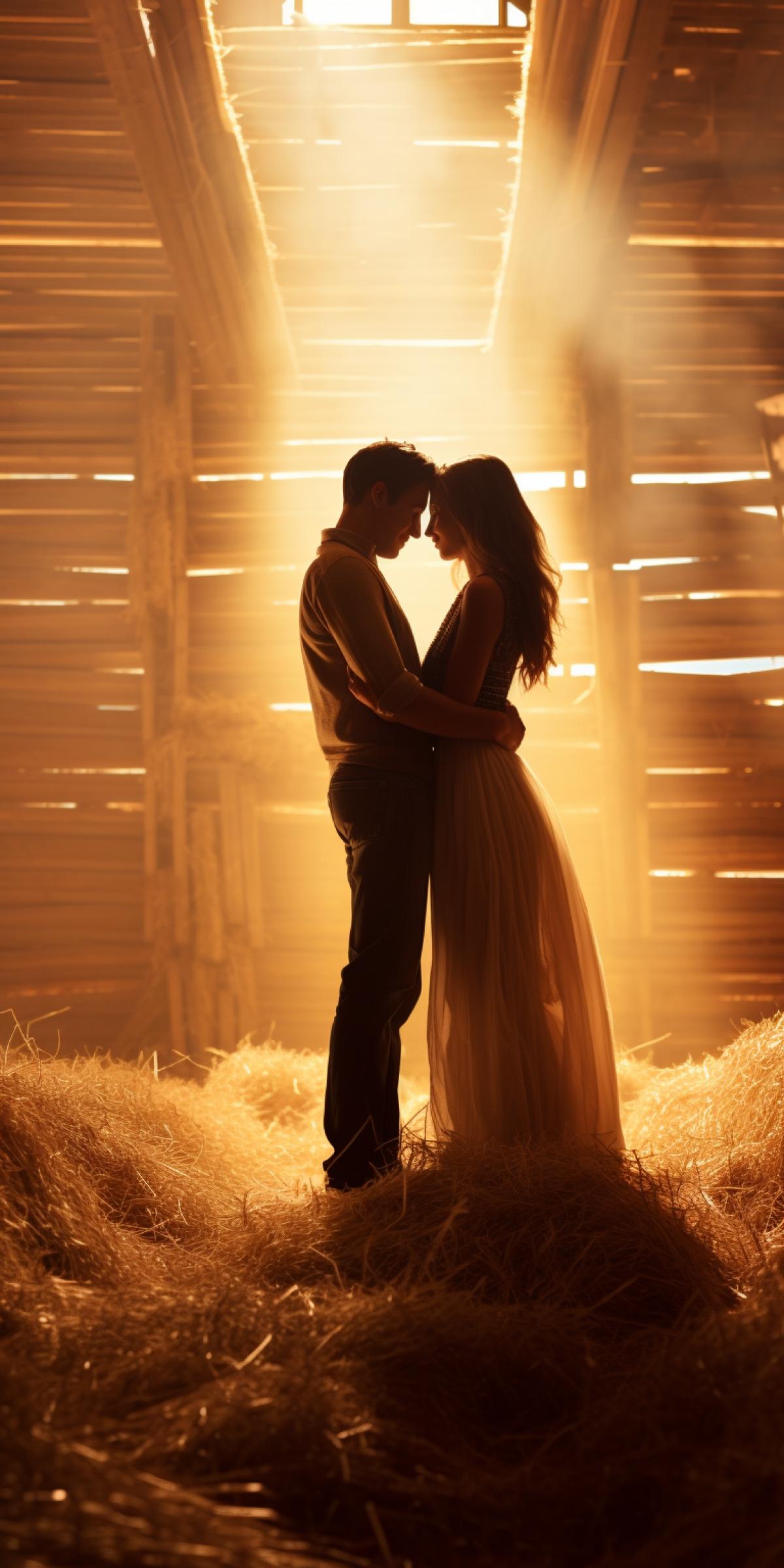 A couple in love is hugging on a haystack in a barn, ultra HD, 8k, maximum detail, shooting with a tripod, warm colors, depth of field, background rays of light breaking through the boards