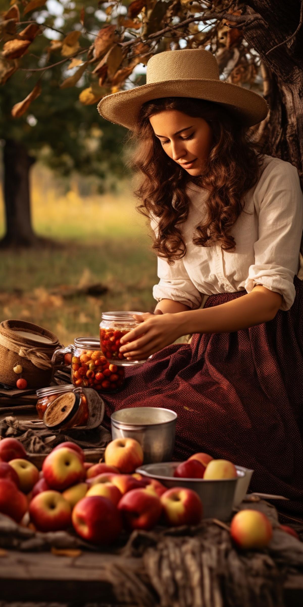 A farmers daughter in a cowboy hat makes apple jam in nature, amateur photo, autumn landscape background