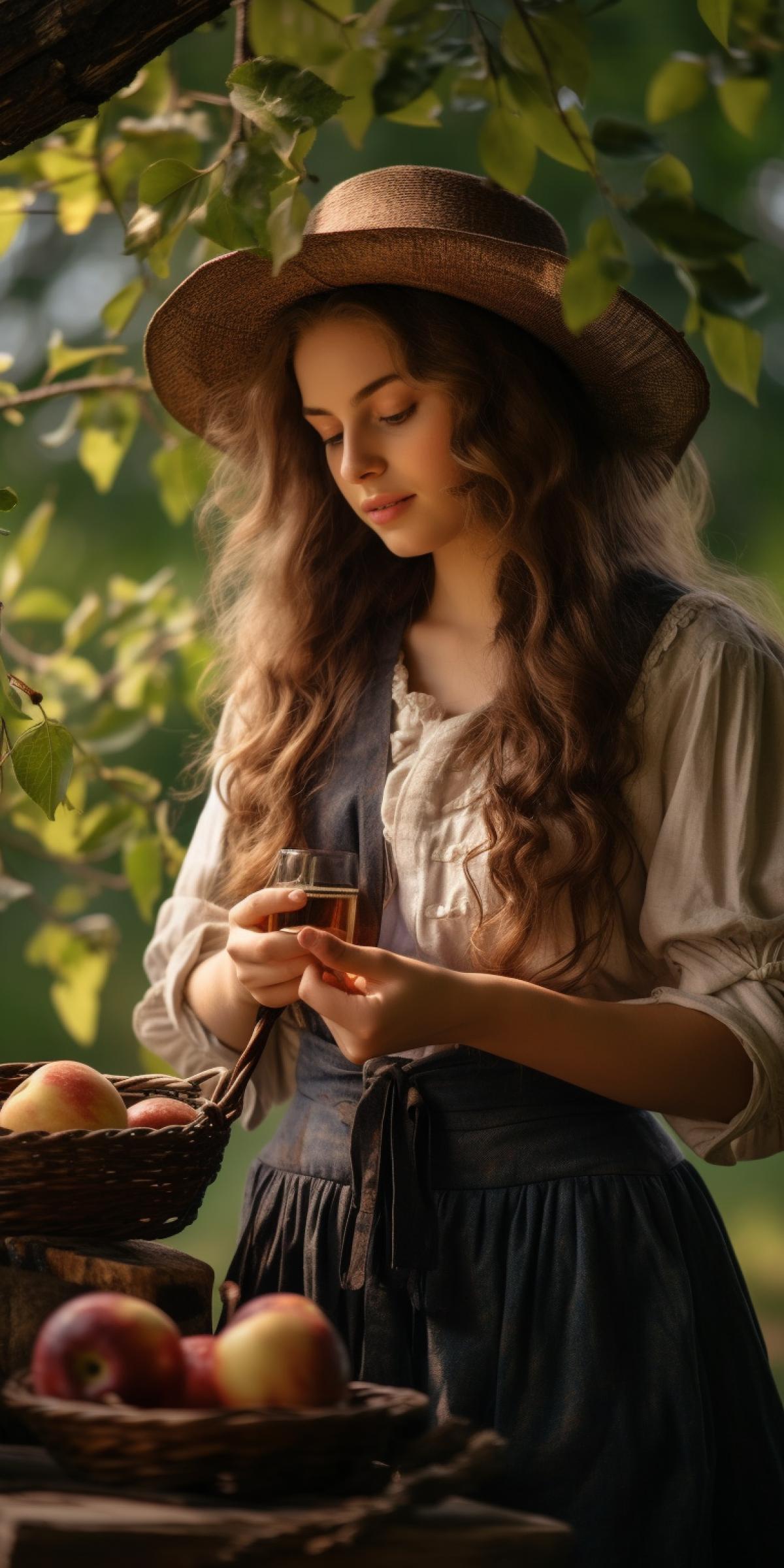 A farmers daughter in a cowboy hat makes apple jam in nature, amateur photo, autumn landscape background