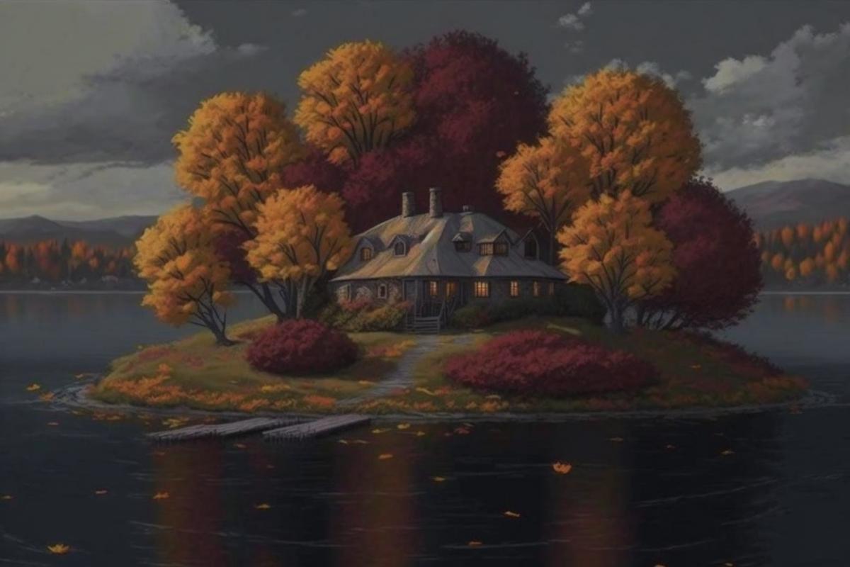 House on a small island in the middle of the lake, autumn trees 🍂🍂