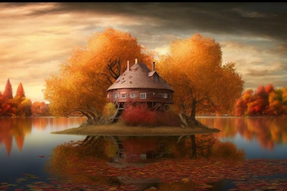 House on a small island in the middle of the lake, autumn trees 🍂🍂