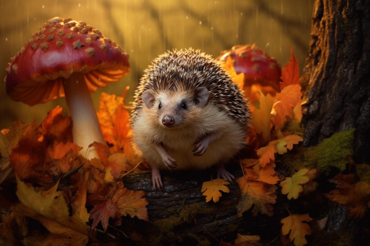 Mystical autumn hedgehog on his back carries mushrooms into a hole