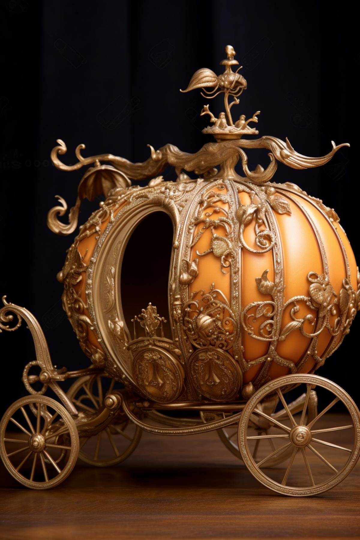 Cinderella fairy tale, real pumpkin carriage, gold, art deco style