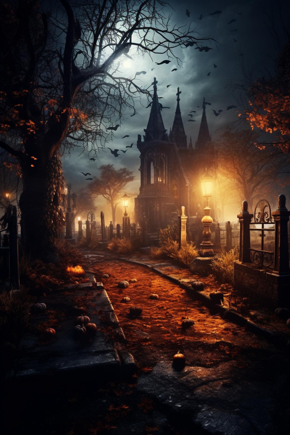 Gothic romantic autumn cemetery, gothic lovers, atmospheric, photorealistic
