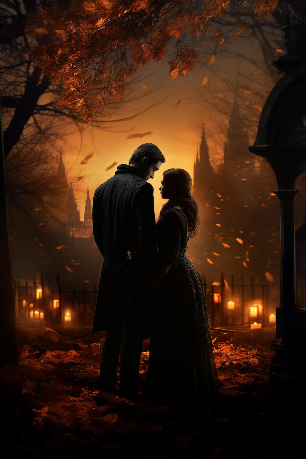 Gothic romantic autumn ancient cemetery, gothic lovers, aristocratic, night, atmospheric, photorealistic