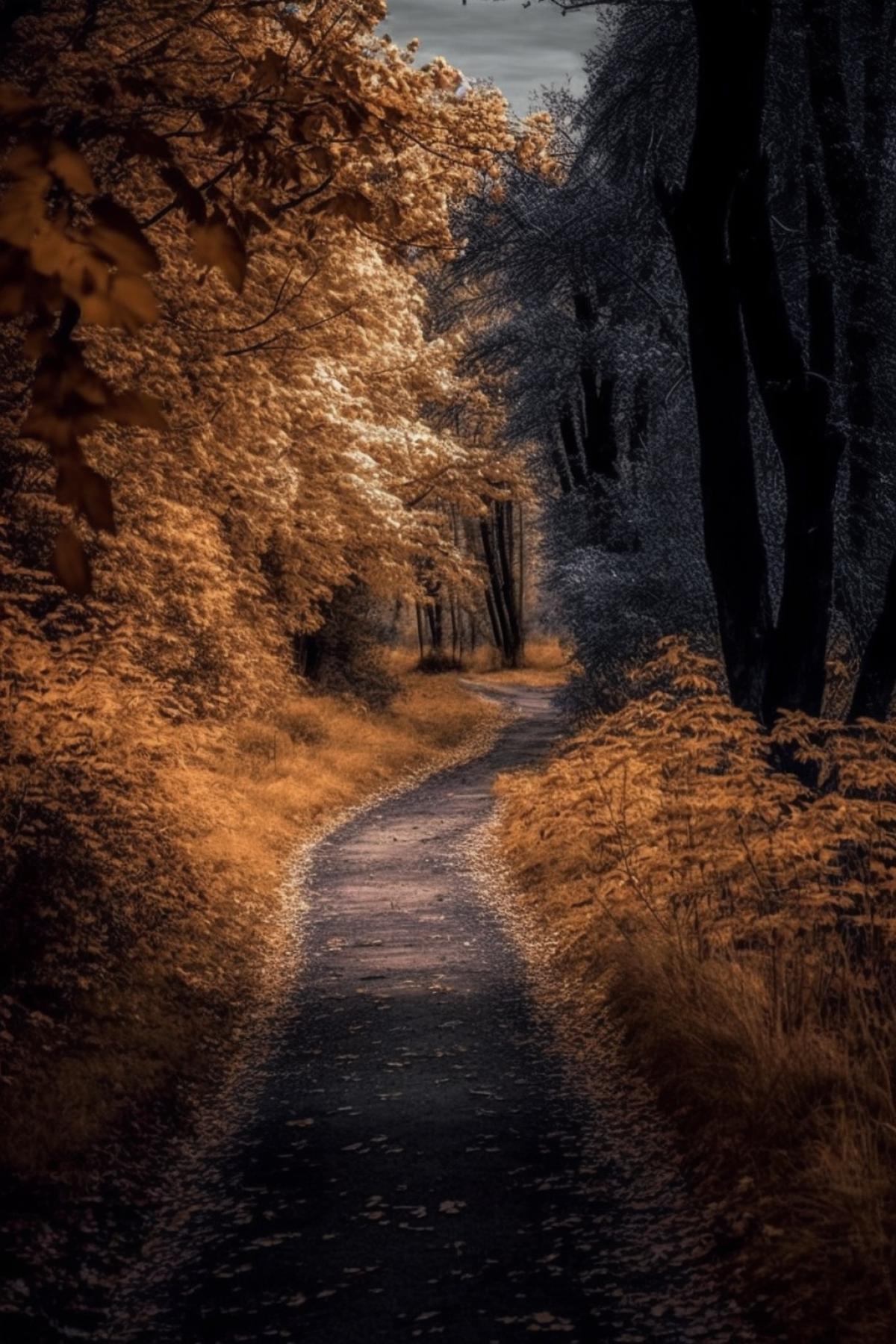 Autumn walk along a forest path no people