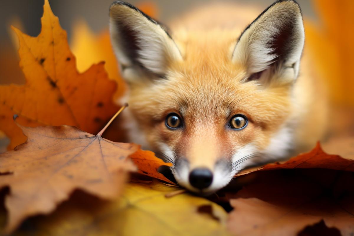 Autumn maple leaf on the foxs nose close-up, the surprised fox looks at the leaf on the nose